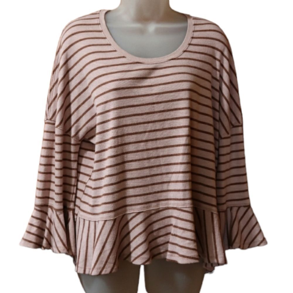 We The Free Pink Stripes Ruffle Sleeve Boho Preppy Top Large